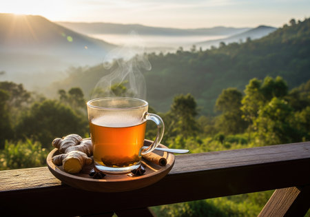 Hot steaming cup of ginger tea with spices on a balcony. A beautiful and healthy morning drink with a scenic view of foggy mountains.の素材