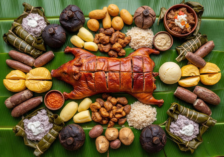 A traditional Tongan umu feast with a whole roasted pig and root vegetables, an abundant Polynesian buffet on fresh banana leaves.の素材