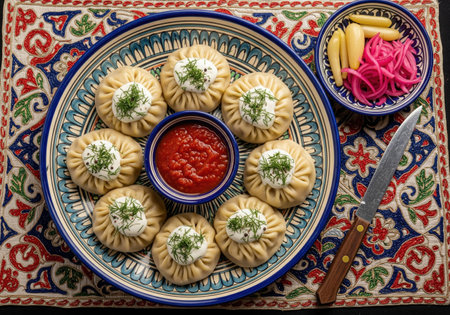 Traditional Uzbek manti steamed dumplings with sour cream and tomato sauce, a classic Central Asian meal served for a family dinner.の素材