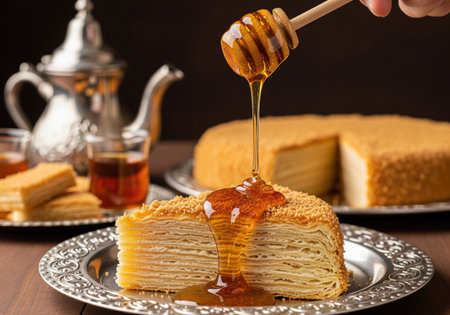 Delicious yemeni layered honey cake being drizzled with honey. A sweet traditional homemade dessert served with arabic tea.の素材
