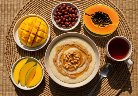 A healthy traditional Zimbabwean breakfast with bota porridge, fresh mango and papaya, served on a woven mat for a sunny morning meal.の素材