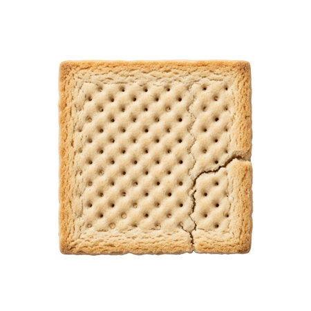 Single square salty cracker with a broken corner a crispy baked snack for breakfast. This is a classic crunchy food for appetizer.の素材