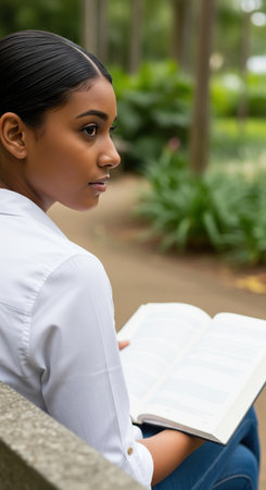 Young beautiful woman in a white shirt sitting on a park bench reading a book. A portrait of a female student studying outdoors.の素材