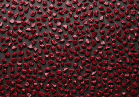 Abstract background with glossy red stones or gems scattered on a dark textured surface. A luxurious and vibrant pattern for design.の素材