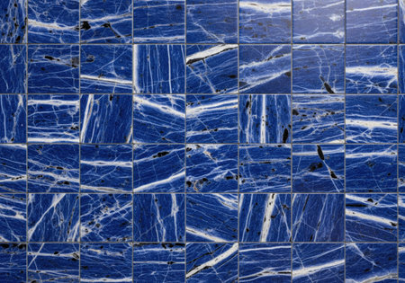 Luxury blue marble texture background with square mosaic tiles and abstract white veins. A sophisticated and elegant surface for modern design.の素材