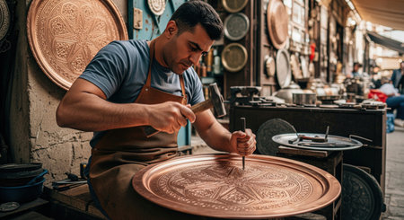 Middle eastern artisan man crafting a detailed pattern on a copper tray with a hammer in a bazaar. A traditional handmade metalwork craft.の素材
