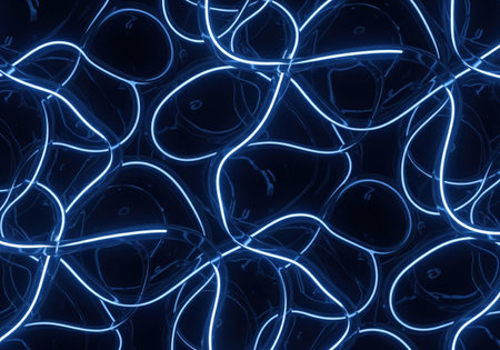 Abstract futuristic background of tangled glowing blue neon tubes on a dark seamless pattern. A modern technology and science wallpaper.の素材