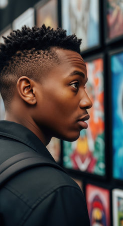Stylish young African man with a fade haircut looking at colorful art in a modern gallery. A thoughtful student enjoying a cultural exhibit.の素材
