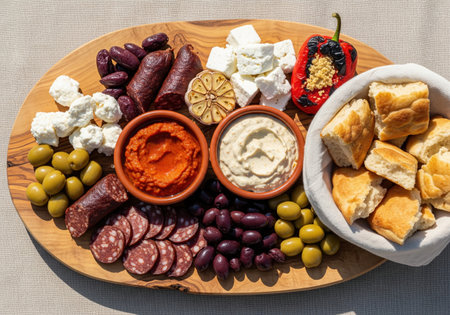 Mediterranean appetizer platter with salami olives feta cheese dips and bread. A traditional meze board for a summer picnic from a top view.の素材