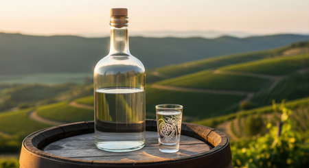 Bottle and shot glass of traditional raki brandy on a wooden barrel overlooking vineyards at sunset. A celebration of winemaking.の素材