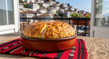 Tave Kosi a traditional Balkan dish of baked lamb and yogurt, served hot on a balcony with a historic hillside town in the background.の素材