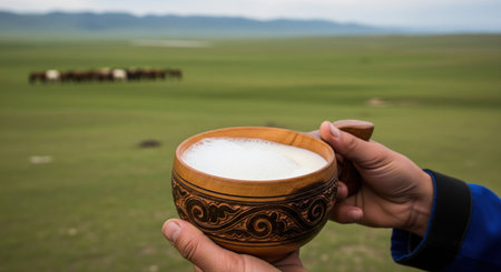 Traditional fermented horse milk drink kymyz in a wooden bowl with a herd of horses in the background. A national nomadic beverage.の素材