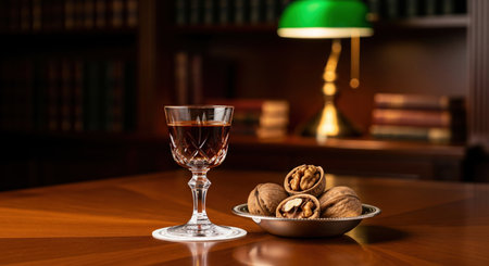 Glass of traditional walnut liqueur with walnuts on a wooden table. A cozy and elegant evening scene in a classic dark library at home.の素材