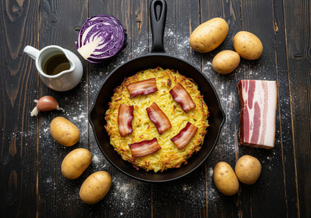 Traditional Catalan Trinxat de la Cerdanya with bacon and cabbage. A rustic and hearty winter dish from a top view.の素材
