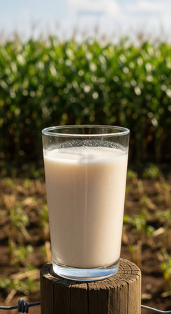 Glass of traditional African maheu drink on a wooden post. This refreshing fermented beverage is set against a sunny corn field.の素材