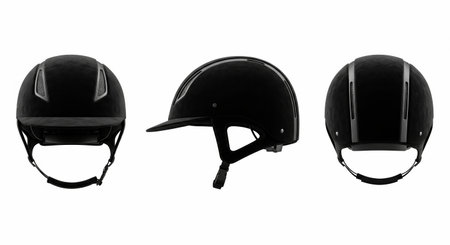 Set of modern black equestrian helmet from different views. Isolated protective headgear for jockey sport and horse riding activities.の素材