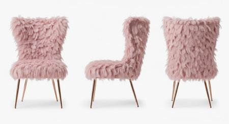 Luxury pink feather accent chair with rose gold legs isolated in three different views, a glamorous piece of fluffy furniture.の素材