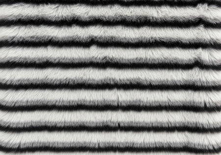 Black and white striped faux fur texture for a cozy luxurious background or wallpaper, ideal for fashion and interior design concepts.の素材