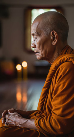 Elderly asian monk meditating with closed eyes in temple with calm spiritual atmosphere inside. Soft warm light creating a peaceful mood.の素材