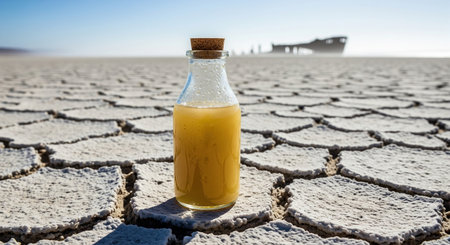 A bottle of fresh melon juice sits on dry cracked earth in a hot desert. In the background, a distant shipwreck adds to the surreal scene.の素材