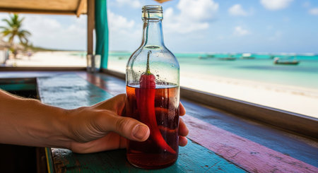 Hand holding a bottle of chili-infused rum at a rustic beach bar. This spicy alcoholic beverage is perfect for a tropical vacation.の素材
