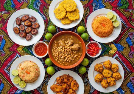 Traditional african food feast with jollof rice peanut soup fried plantain and akara balls. This is a colorful and delicious meal.の素材