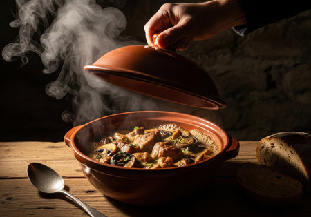 Selsko meso, a traditional macedonian pork and mushroom stew. A hand is lifting the lid from a steaming hot clay pot on a rustic table.の素材