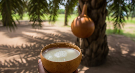 Hand holding a calabash bowl of traditional Nigerian palm wine. This authentic African beverage is enjoyed fresh in a grove of palm trees.の素材
