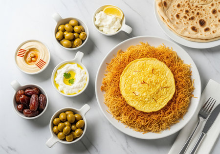 Traditional arabic breakfast platter with balaleet sweet vermicelli and various side dishes. A delicious middle eastern meal.の素材