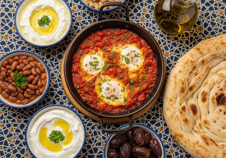 Traditional Saudi breakfast spread with shakshuka eggs, foul medames, labneh, dates, and flatbread, a vibrant Arabic morning feast.の素材