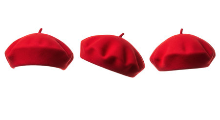 Classic red wool beret a timeless French fashion accessory shown in different elegant views. This is an iconic and stylish hat for women.の素材