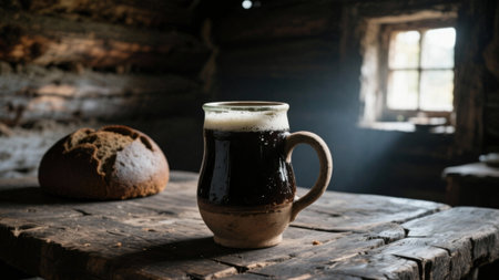 Mug of dark beer and loaf of rye bread on a rustic table. A simple and authentic meal in an old log cabin with window light.の素材
