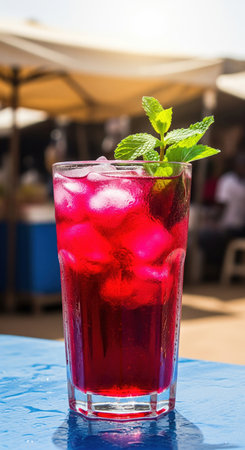 Refreshing glass of Bissap, a traditional Senegalese hibiscus iced tea garnished with fresh mint and served on a sunny outdoor cafe table.の素材