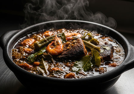 Traditional Sao Tomean Calulu fish stew with smoked fish, okra, and prawns, a hot and steaming dish served in a rustic clay pot.の素材