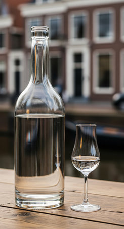 Bottle and glass of traditional Dutch jenever on a wooden table. A classic strong alcoholic drink with a view of an Amsterdam canal.の素材