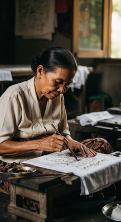 An elderly female artisan is drawing intricate traditional patterns with hot wax for a beautiful handmade batik painting in her workshop.の素材