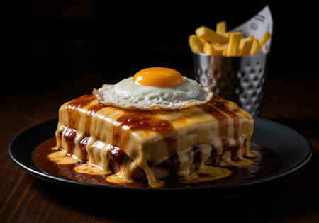 Delicious traditional Portuguese Francesinha sandwich covered with melted cheese and rich sauce, topped with a fried egg and fries.の素材