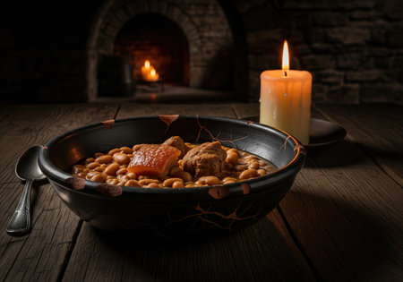 Rustic bowl of traditional Italian bean stew with pork rind on a wooden table by candlelight. A hearty and historic medieval meal.の素材