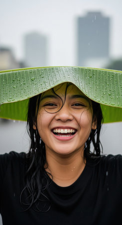 Happy young Asian woman is laughing while holding a big banana leaf over her head like an umbrella during a spontaneous summer rain storm.の素材