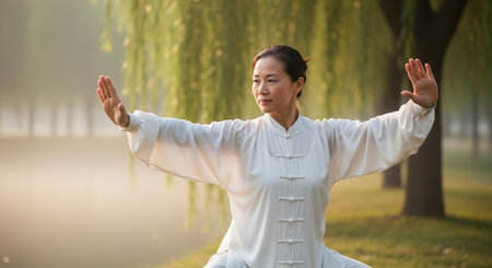 Asian woman practicing tai chi exercise in a park during a beautiful misty morning. A concept of balance, meditation, and healthy lifestyle.の素材
