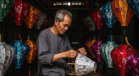 Elderly asian artisan making a traditional vietnamese silk lantern in his workshop. He is focused on his handmade craft business.の素材