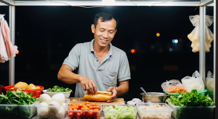 Happy asian street food vendor making a traditional vietnamese banh mi sandwich at his stall. He is smiling while preparing the food.の素材