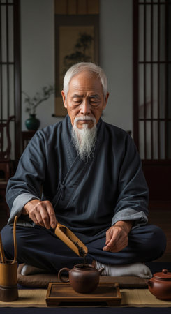 Elderly Asian man with a long white beard performing a traditional tea ceremony indoors. He is carefully pouring tea leaves into a teapot.の素材
