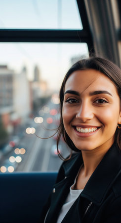 Happy young woman tourist smiling during a fun sightseeing ride on a city cable car with a beautiful blurry city view below her.の素材