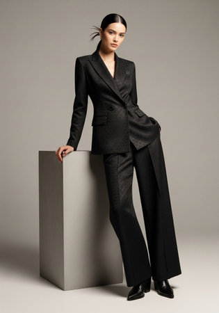 Elegant fashion model posing confidently in a stylish black jacquard pantsuit, leaning on a cube in a modern minimalist studio setting.の素材