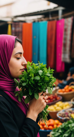 Muslim woman in a hijab smelling a fresh bunch of mint at a vibrant Moroccan street market. A sensory experience of local culture.の素材