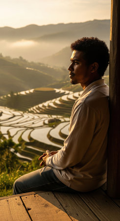 Thoughtful young man meditating and watching the sunrise over beautiful terraced rice fields. A serene moment of travel and nature.の素材