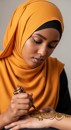An african muslim woman in a hijab is applying a traditional henna mehndi tattoo. This intricate body art is part of a cultural celebration.の素材