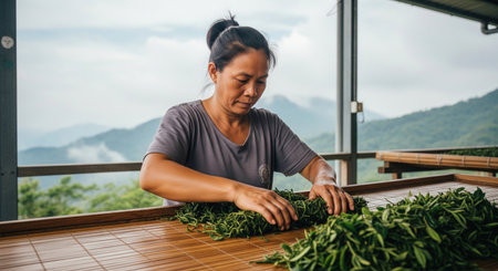 Asian woman worker sorting fresh green tea leaves by hand on a bamboo tray in tea plantation during traditional processing method.の素材