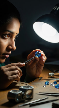 An Indian female jeweler is examining a blue gemstone with tweeters. She is working at her desk in a dark workshop lit by a lamp.の素材